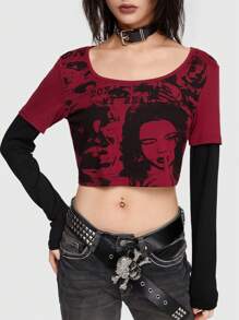 ROMWE Grunge Punk Figure & Slogan Graphic Crop 2 in 1 Tee - Red - View 2