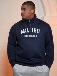 Aesthetic Post--Men Plus Letter Graphic Zipper Front Sweatshirt - Navy Blue - View 5