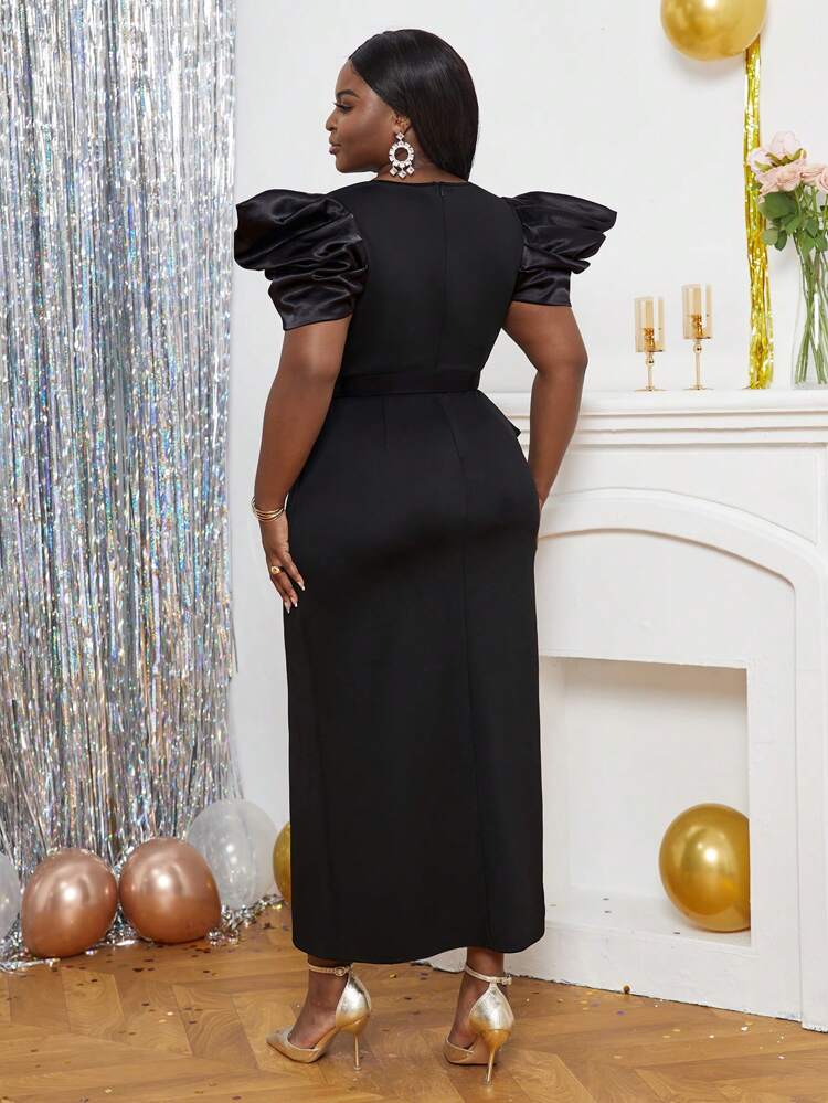 Plus Gigot Sleeve Split Thigh Belted Dress