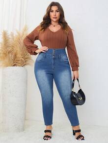 SHEIN LUNE 大碼前紐扣緊身牛仔褲 - 淺色水洗藍 - 查看 2