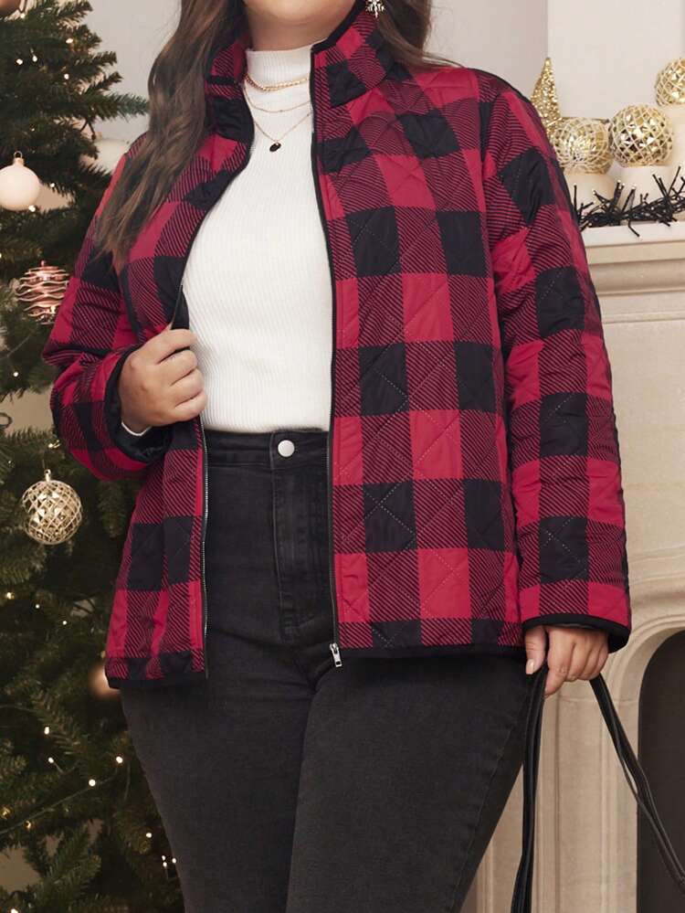 Plus Buffalo Plaid Print Zip Up Quilted Coat