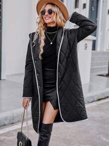 SHEIN Unity 对比色带帽系带绗缝加厚外套冬季服装 - 黑色 - 查看 4