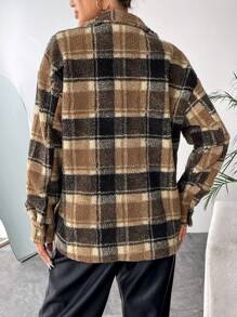 SHEIN Essnce 格紋印花落肩袖翻蓋口袋外套 - 卡其色 - 查看 2