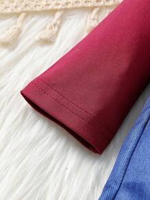 SHEIN Young Girl Casual Ruffle Trim Tee & Floral Print Overalls - Burgundy - View 3