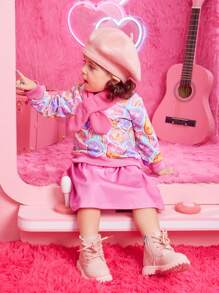 Baby Mädchen T-Shirt mit Stehkragen, Rock und Schal mit Cartoon Grafik