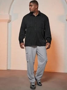 Manfinity Homme Men's Plus Size Solid Loose Fit Button Front Shirt - Black - View 3
