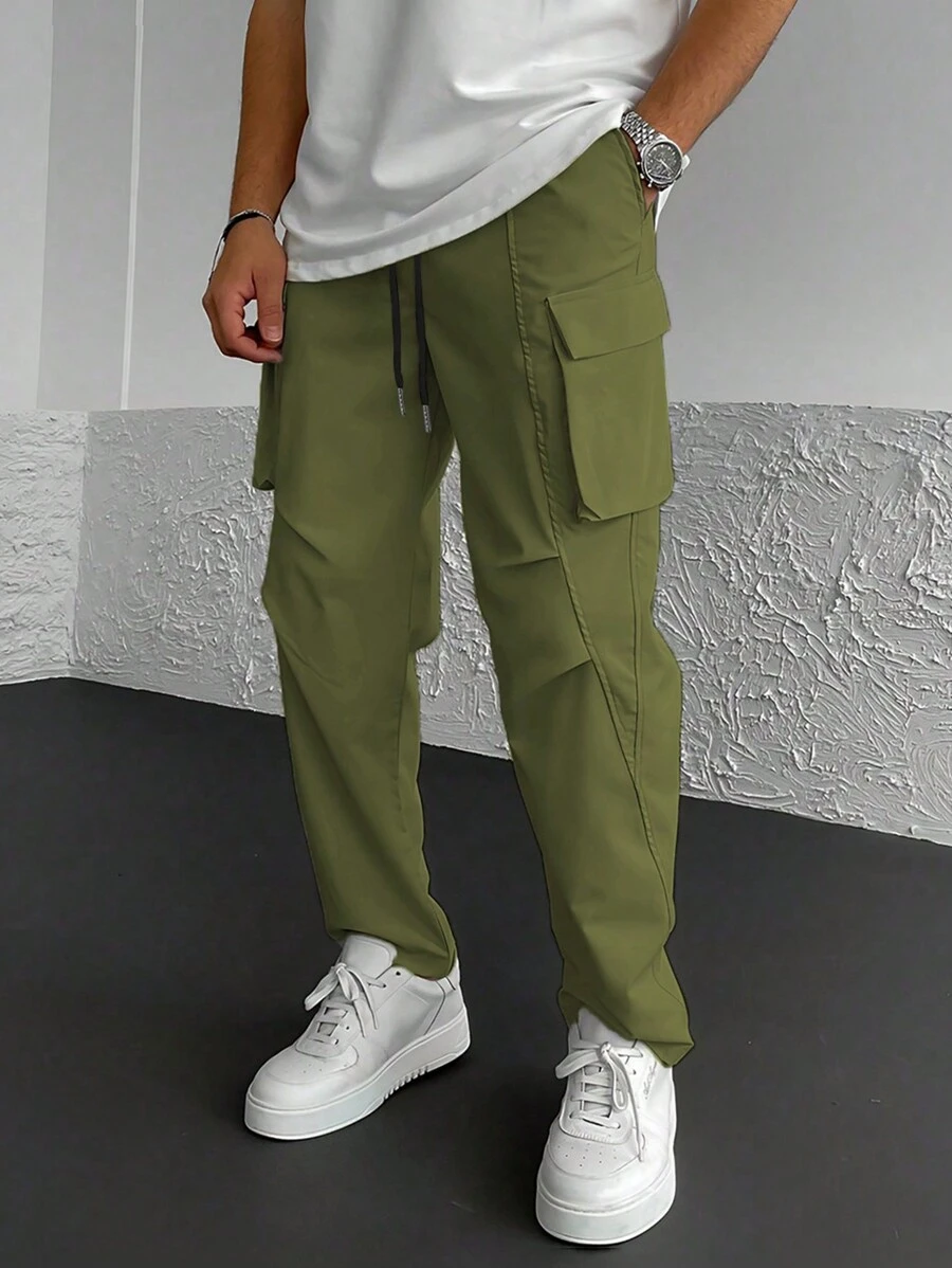 Manfinity LEGND Loose-Fit Men's Cargo Pants With Flap Pockets, Side Drawstring Waist - Army Green - View 1