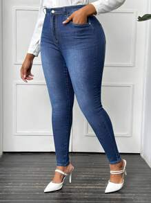 SHEIN Privé Plus Zipper Fly Skinny Jeans - Blue - View 5