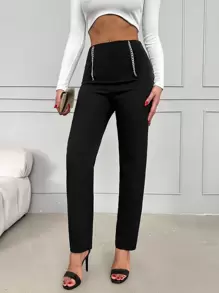 EURMUSE High Waist Chain Detail Zip Fly Pants - Black - View 6