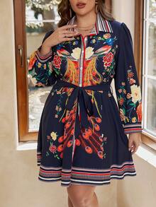 SHEIN VCAY Hơn In hoa Thắt lưng Váy sơ mi - Nhiều màu - Xem 4