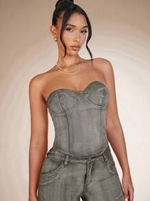 SHEIN BAE Solid Bustier Tube Denim Top - Army Green - View 1