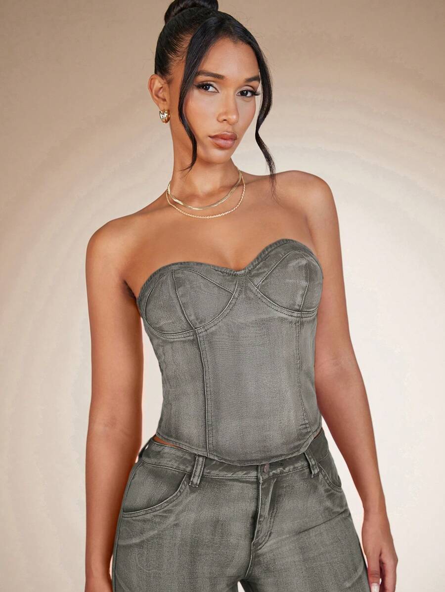 SHEIN BAE Solid Bustier Tube Denim Top - Army Green - View 1
