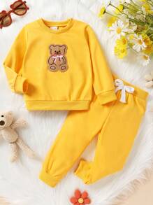 Baby Girl Bear Print Sweatshirt & Sweatpants - Yellow - View 1
