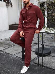 Manfinity Homme Nam Túi có nắp Eo dây rút Áo liền quần - Màu Đỏ Sâu - Xem 6