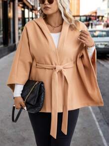 SHEIN LUNE 大碼斗篷袖連帽腰帶斗篷外套 - 卡其色 - 查看 6