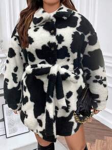 Calvaya Hơn Hình con bò Thả vai Thắt lưng Áo khoác Teddy - Đen và trắng - Xem 2