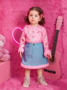 Baby Girl Floral Print Tee & Contrast Fuzzy Trim Skirt - Multicolor - View 3