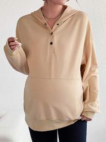 SHEIN Maternity Half Button Drop Shoulder Sweatshirt, For Winter - Khaki - View 1