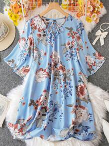 SHEIN LUNE Hơn In hoa Cà vạt Đầm - Màu xanh lam - Xem 1