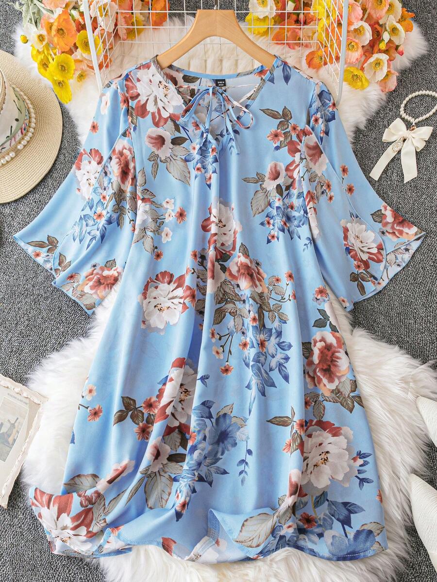 SHEIN LUNE Hơn In hoa Cà vạt Đầm - Màu xanh lam - Xem 1