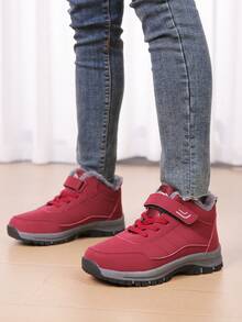 新品红色 PU 皮革防滑保暖内衬加厚女士雪地靴户外徒步保暖鞋 - 酒紅色 - 查看 2