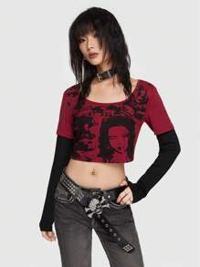 ROMWE Grunge Punk Figure & Slogan Graphic Crop 2 in 1 Tee - Red - View 1