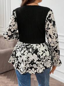 SHEIN Franclia Hơn In hoa tay áo lá sen Áo Peplum - màu đen - Xem 2