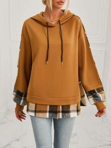 SHEIN LUNE 格紋印花落肩袖抽繩連帽衫 - 棕色 - 查看 4