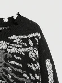 ROMWE Grunge Punk Skeleton Pattern Ripped Trim Sweater - Black and White - View 3