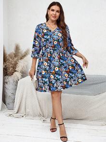 EMERY ROSE 大码花卉印花荷叶边袖荷叶边下摆连衣裙 - 藏蓝色 - 查看 5
