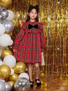 SHEIN Tween Girl Tartan Print Ruffle Trim Bow Front Dress, For Christmas - Multicolor - View 4