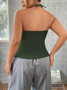 SHEIN ICON Plus Skull Print Grommet Detail Halter Top - Green - View 2