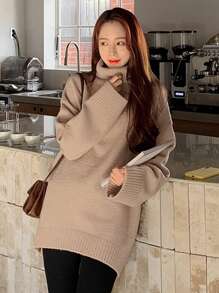 DAZY 纯色高领落肩毛衣、长袖上衣、秋季女装 - 杏色 - 查看 3