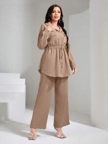 Graceveil Flap Pocket Drawstring Waist Shirt & Wide Leg Pants 2 Piece Set Modest - Apricot - View 3