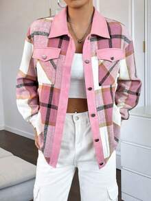 SHEIN Qutie In kẻ sọc Thả vai Túi có nắp áo - Màu Hồng baby - Xem 6