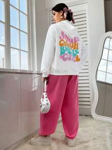 SHEIN EZwear Áo nỉ cỡ lớn in chữ, kiểu vai rớt. - trắng - Xem 3