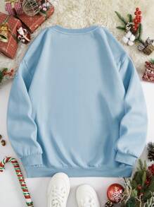 SHEIN EZwear 圣诞树及标语图案保暖套头卫衣，秋季卫衣 - 淺藍色 - 查看 2
