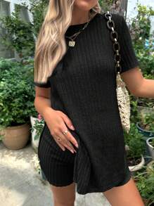 SHEIN Maternidad Shorts con camiseta unicolor tejido de canalé - Negro - Ver 5