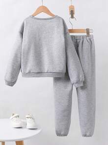 SHEIN 女大童花卉和字母圖案落肩袖套頭衫和運動褲 - 灰色 - 查看 2