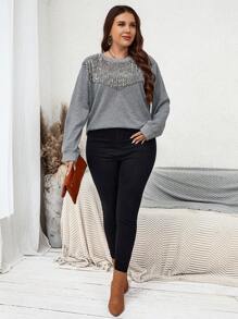 SHEIN LUNE Plus Contrast Sequin Drop Shoulder Sweatshirt Pullover Fall Sweatshirt - Grey - View 2