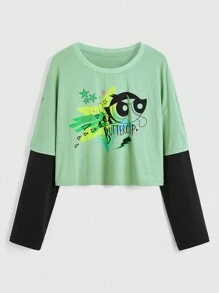 The Powerpuff Girls | ROMWE Plus Cartoon Graphic Drop Shoulder 2 in 1 Tee - Multicolor - View 1