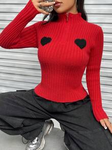 SHEIN Unity Tu bổ trái tim Chi tiết Cổ giả Dây kéo mặt trước Áo len - Đỏ - Xem 7