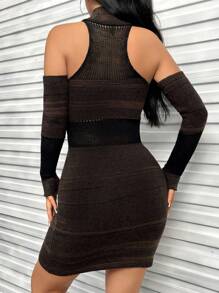 SHEIN Unity High Neck Sweater Dress With Arm Sleeves - Coffee Brown - View 3