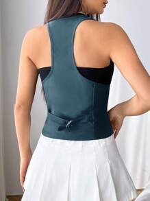 SHEIN EZwear 素色前紐扣馬甲 - 藍色 - 查看 2