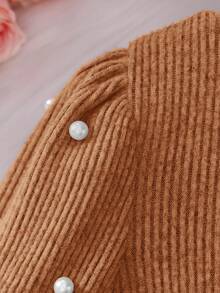 SHEIN 青少女集成圓領針織連衣裙，珍珠珠片和泡泡袖 - 鏽棕色 - 查看 4