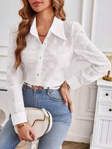 SHEIN Frenchy 網眼刺繡前紐扣襯衫 - 白色 - 查看 5