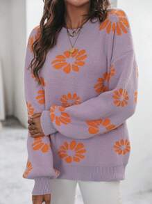 SHEIN LUNE Floral Pattern Drop Shoulder Sweater Knit Pullover Fall Winter Outfit