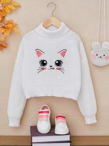 SHEIN Tween Girls Cartoon Pattern Turtleneck Drop Shoulder Sweater - White - View 2