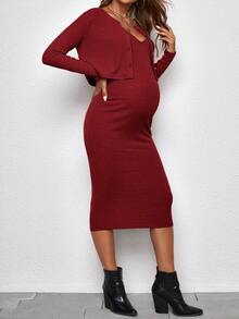 SHEIN 孕婦羅紋針織吊帶緊身洋裝帶夾克 - 酒紅色 - 查看 4