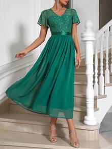 SHEIN Privé 蕾絲拼接蝴蝶袖雪紡洋裝 - 軍綠色 - 查看 3